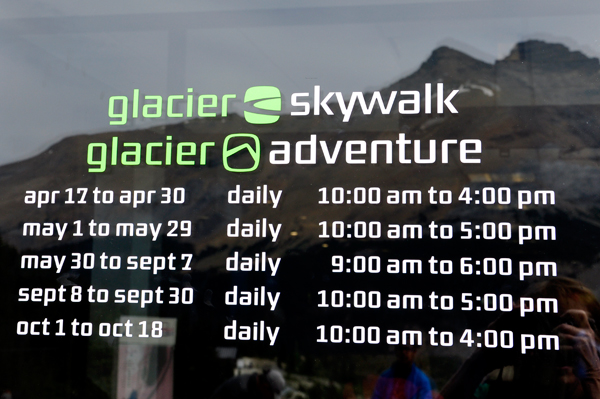 Glacier Skywalk and Adventure dates and hours